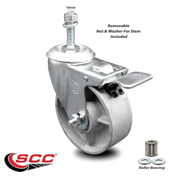 Semi Steel Swivel TS Caster w/Roller Bearing-4" Wheel&10MM Stem w/Total Lock BRK